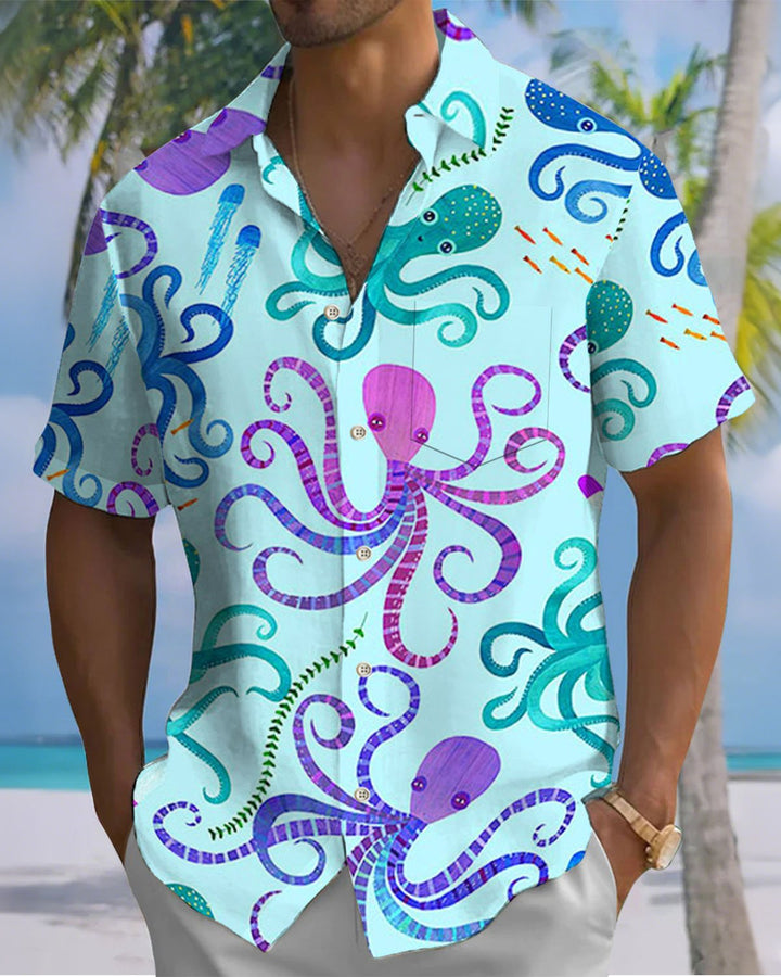 Alohadaddy® Hawaiian Cartoon Octopus Print Art Button-Down Cardigan Pocket Men&