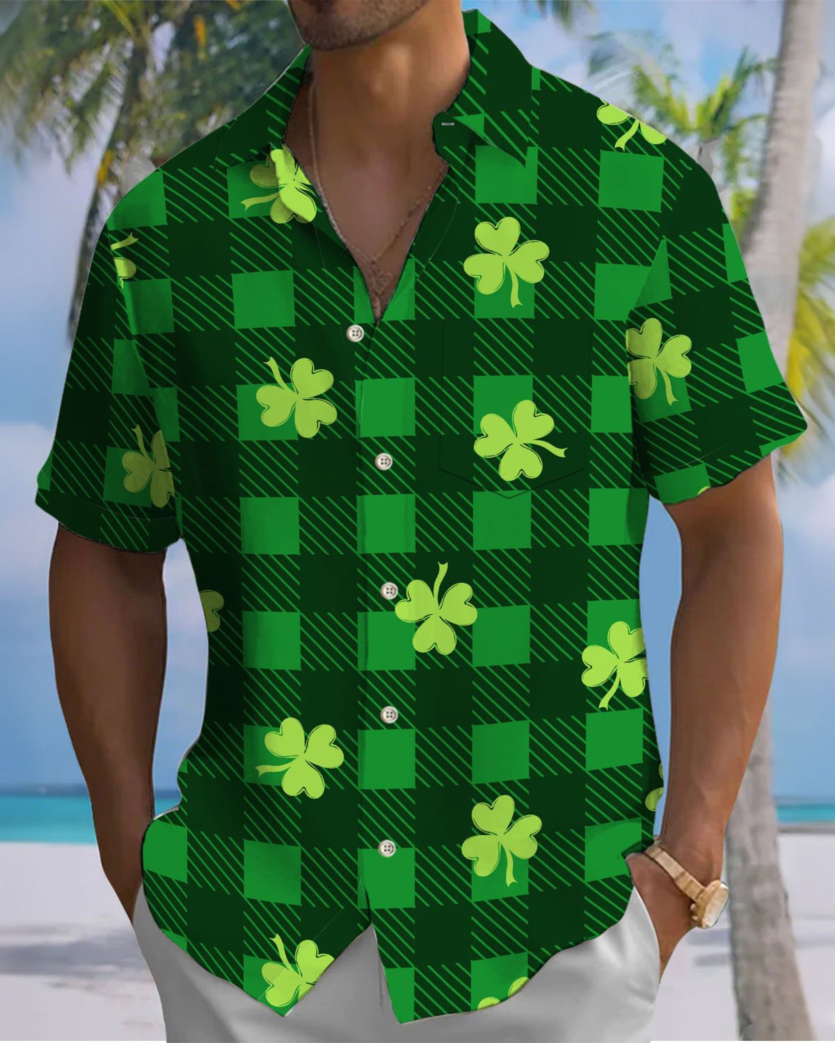 Alohadaddy® Casual Checkered Geometric Print Art with Pockets and Buttons Men's Short-Sleeve Shirt Big & Tall