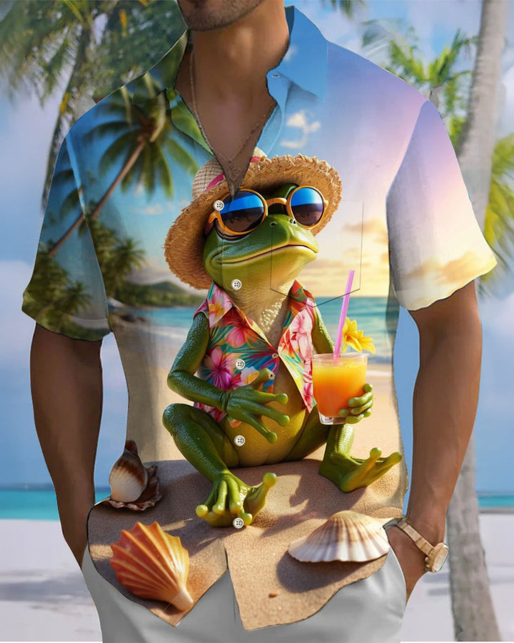 Alohadaddy® Hawaiian Vacation Frog Print Art Button Cardigan Pocket Men&