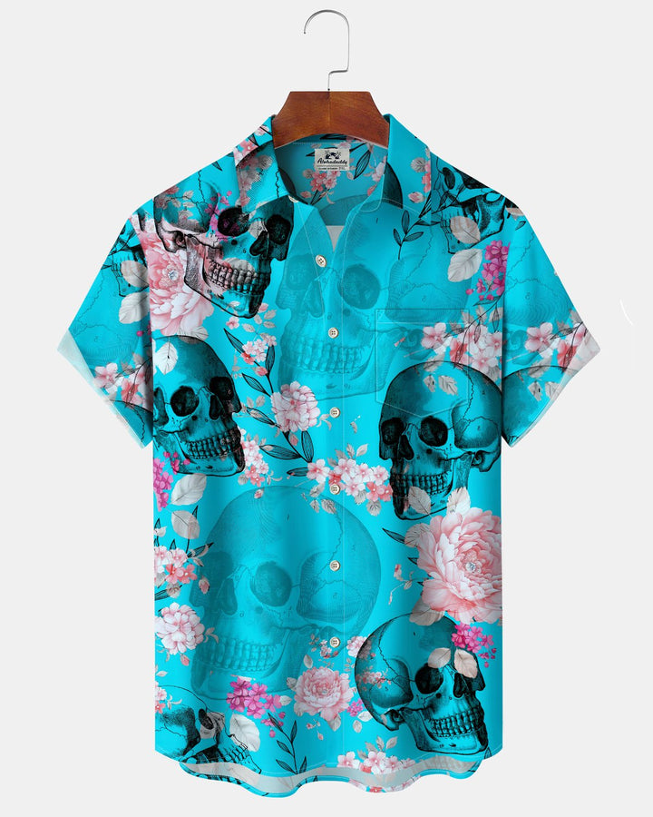 Alohadaddy® Hawaiian Skull Flower Print Art Button Pockets Cardigan Men&