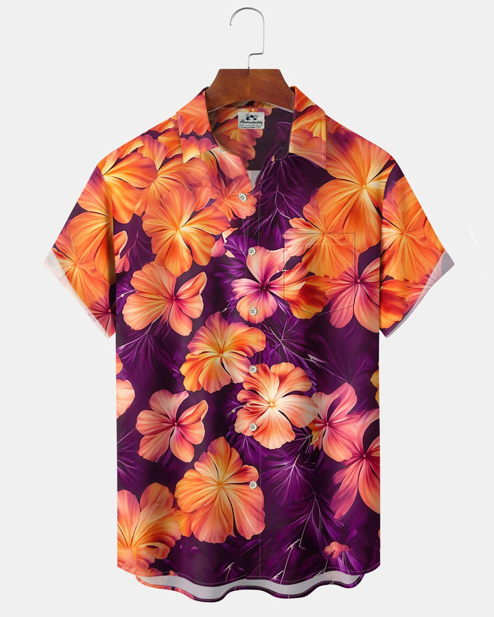 Alohadaddy® Hawaiian Hibiscus Print Art Button Pocket Cardigan Men&