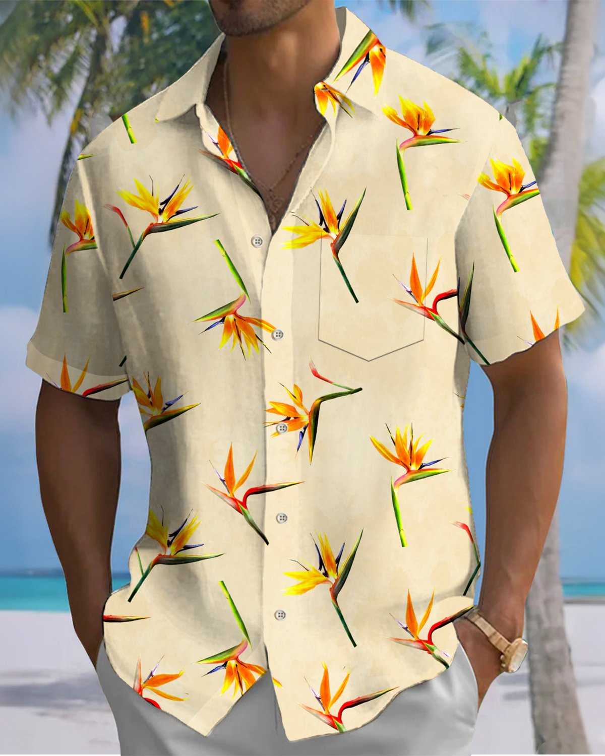 Alohadaddy® Vintage Bird of Paradise Floral Print Art Button Pocket Cardigan Men's Short Sleeve Shirt Big & Tall