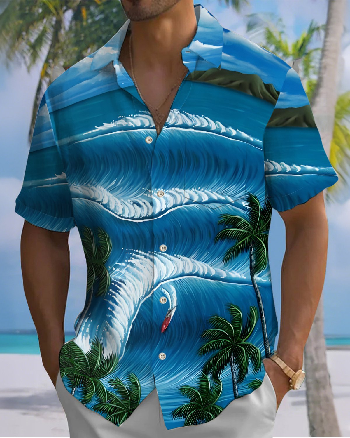 Alohadaddy® Hawaiian Palm Tree Print Art Button Pocket Cardigan Men's Short Sleeve Shirt