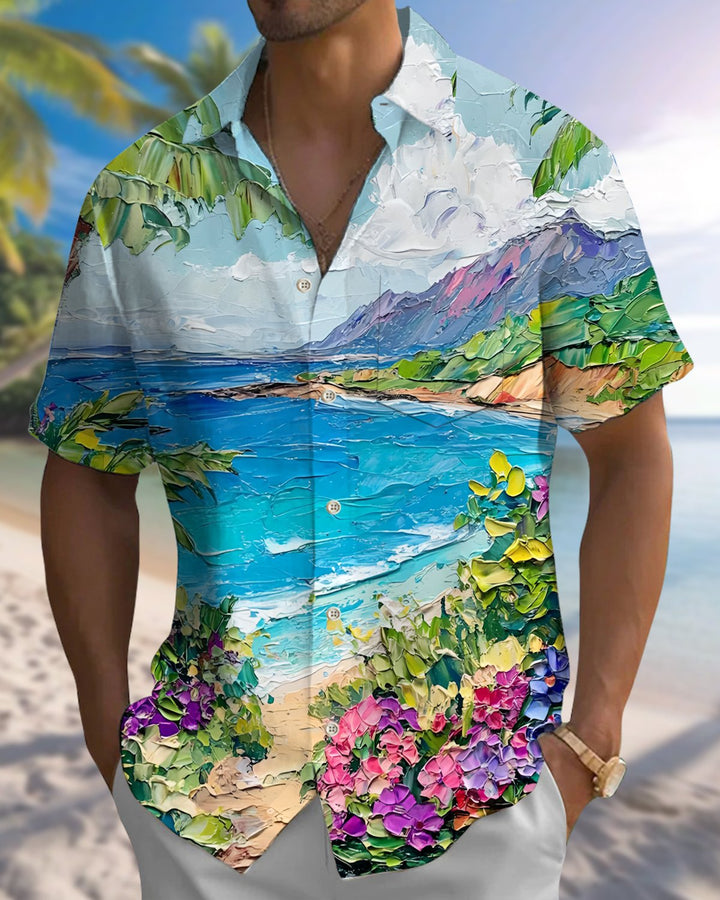 Alohadaddy® Hawaiian Beach Vacation Print Art Button Pocket Cardigan Men&