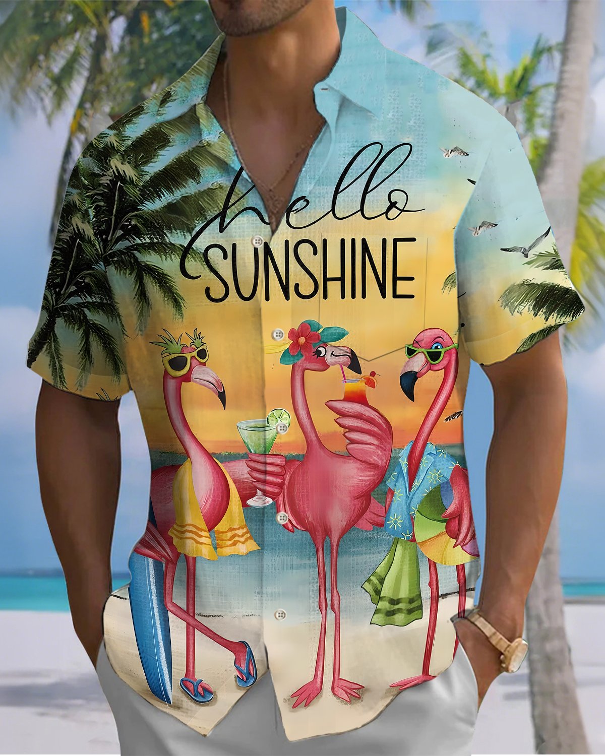 Alohadaddy® Hawaiian Flamingo Print Art Button Pocket Cardigan Men's Short Sleeve Shirt