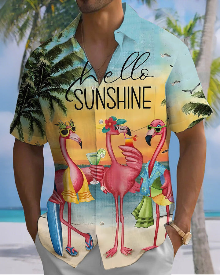 Alohadaddy® Hawaiian Flamingo Print Art Button Pocket Cardigan Men&