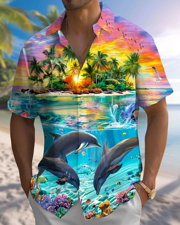 Alohadaddy® Hawaiian Dolphin Print Art Button Pocket Cardigan Men&
