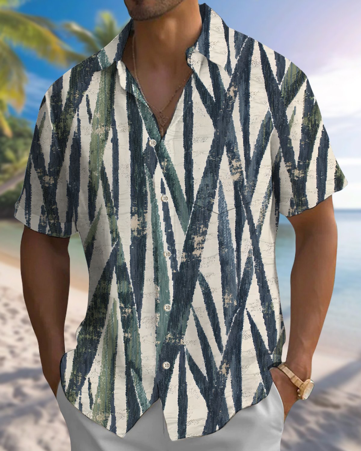Alohadaddy® Casual Abstract Striped Print Art Button Pocket Cardigan Men's Short Sleeve Shirt