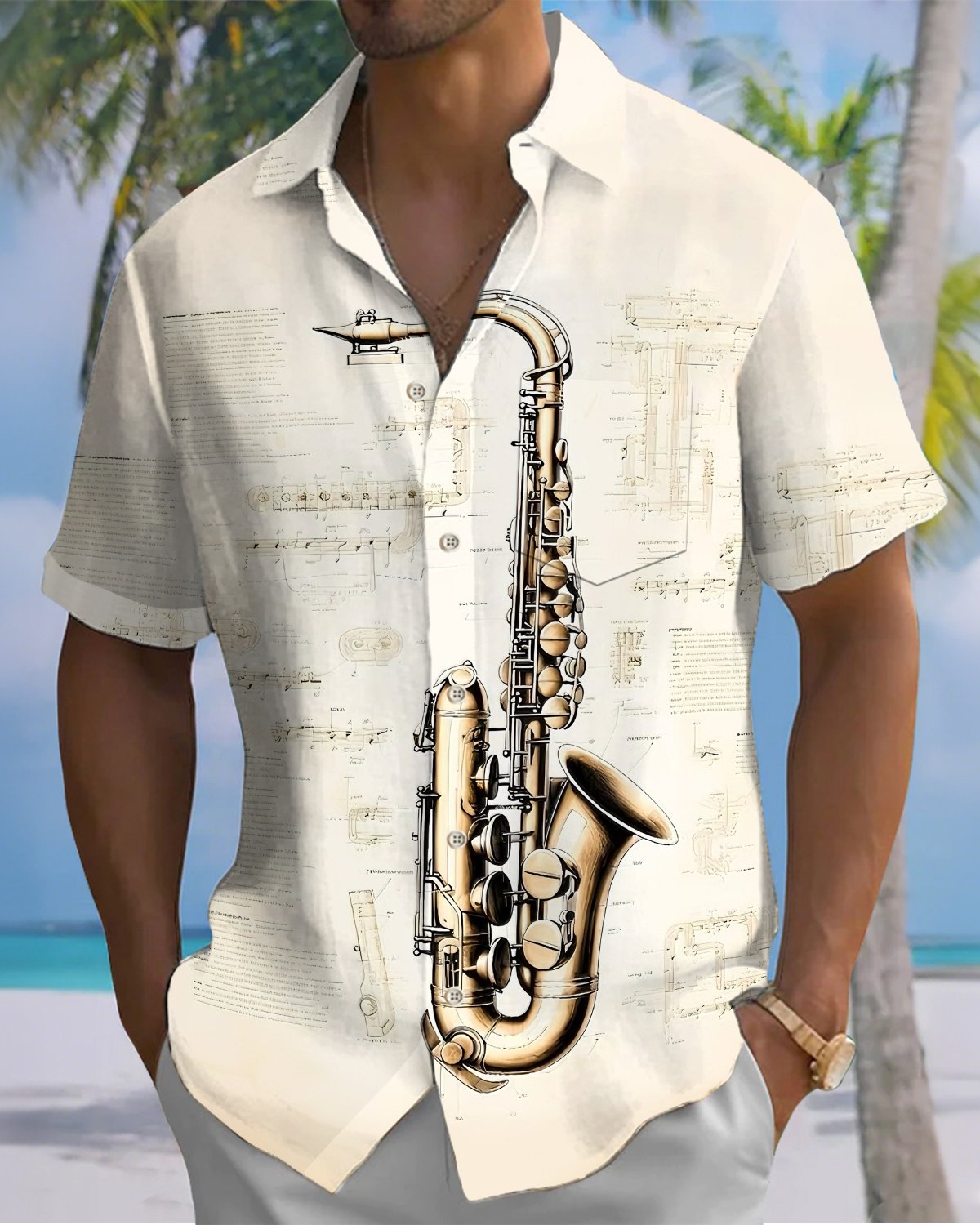 Alohadaddy® Men's Short-Sleeve Button-Down Shirt with Pocket – Vintage Music-Themed Graphic Print
