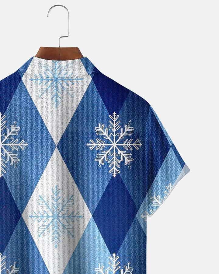 Alohadaddy® Men’s Short-Sleeve Button-Down Shirt Vintage-Style Christmas Snowflake Print with Pocket