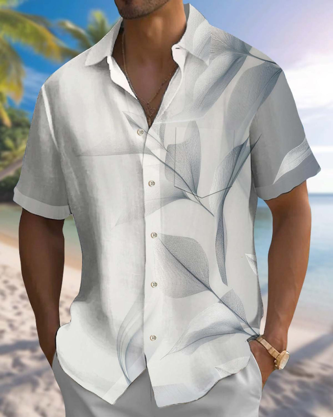 Alohadaddy® Men’s Short-Sleeve Button-Down Shirt  Casual Leaf-Print Cardigan-Style Shirt with Pocket