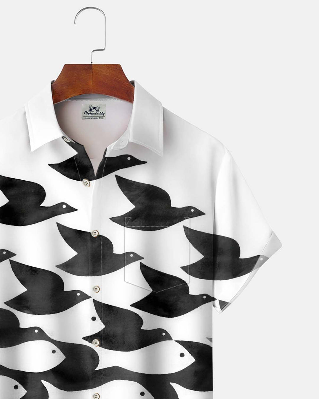 Alohadaddy® Men’s Short-Sleeve Button-Down Shirt  Casual Cardigan-Style Shirt with "Birds and Fish" Artistic Print and Pocket