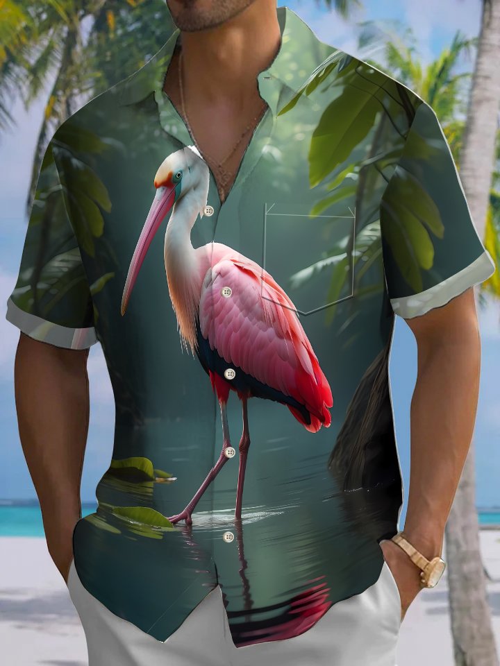 Alohadaddy Hawaii Vacation Tropical 3D Flamingo Print Art Pocket Button Short Sleeve Stretch Casual Shirt