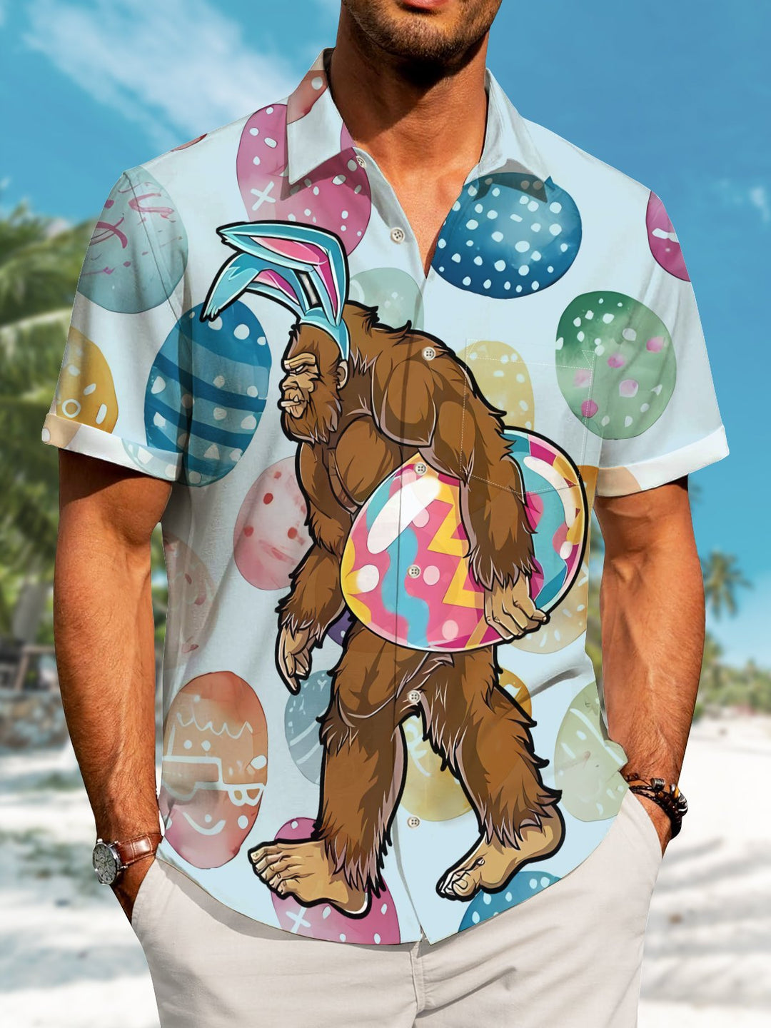 Alohadaddy Hawaii Resort Style Easter Bigfoot Pocket Button Stretch Large Size Men&