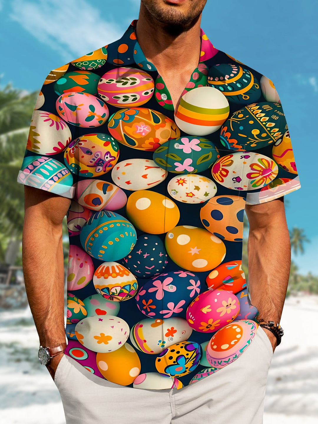 Alohadaddy Easter Egg Print Art Pocket Buttons Plus Size Stretch Shirt