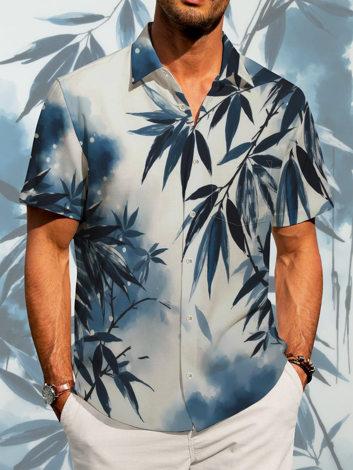 Alohadaddy Hawaiian Retro Series Ink Bamboo Leaf Print Art Pocket Button Elastic Large Size Shirt
