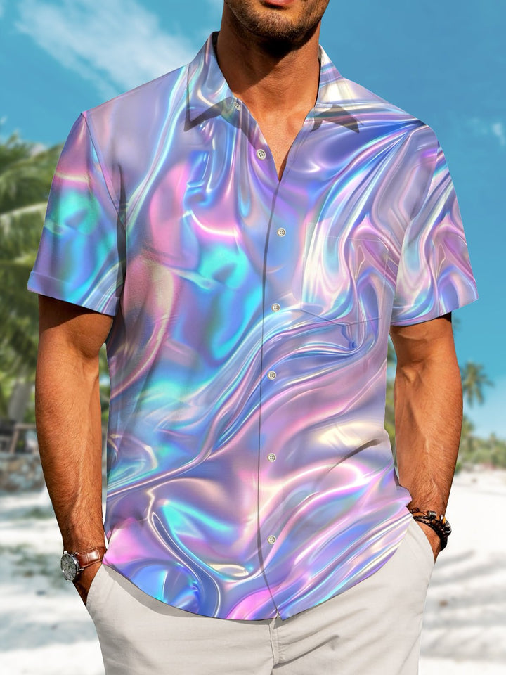 Alohadaddy Hawaiian Gradient Geometric Art Print Button Cardigan Pocket Stretch Large Size Short Sleeve Shirt