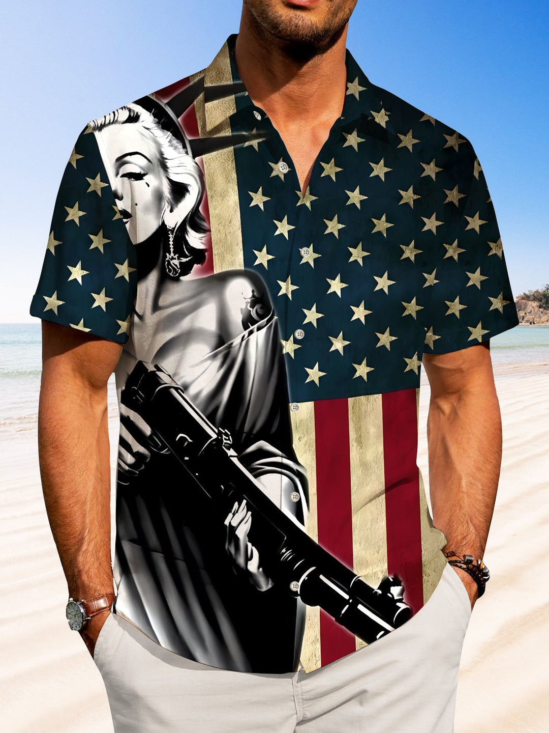 Alohadaddy Holiday Collection Independence Day American Flag Print Art Button Cardigan Pockets Stretch Large Size Long Short Sleeve Shirt