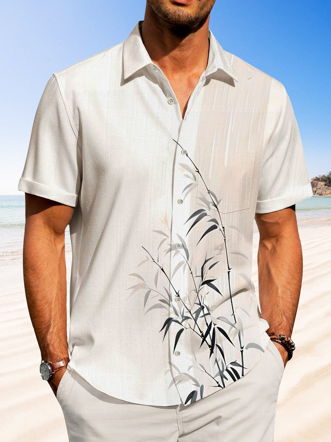 Alohadaddy Hawaiian Asymmetric Bamboo Painting Art Buttons Cardigan Pockets Large Size Long Polyester Short Sleeve Shirt