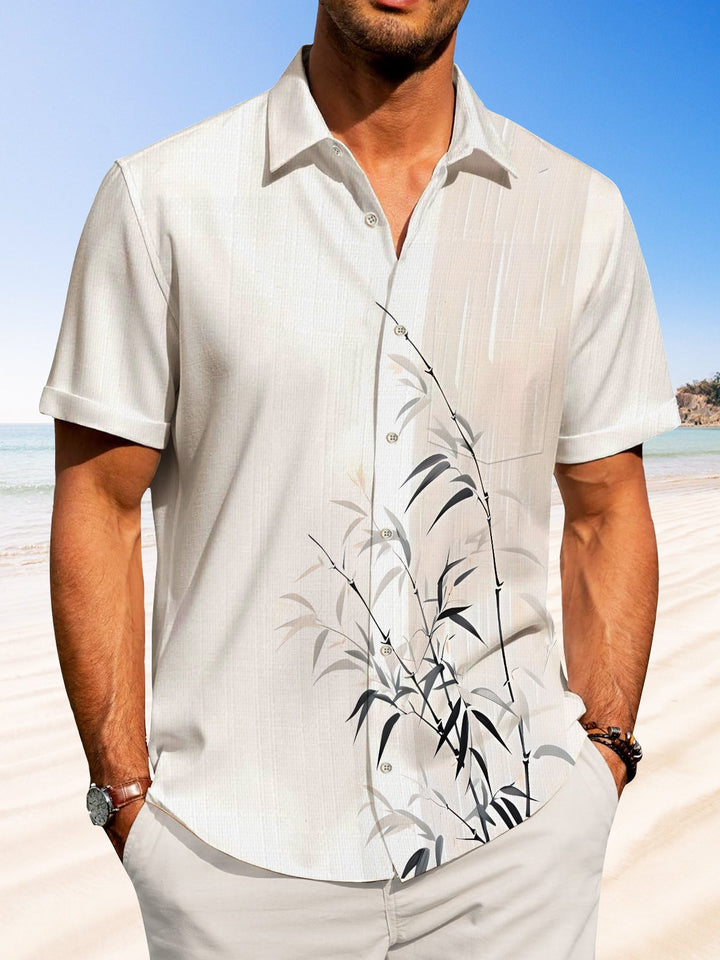 Alohadaddy Hawaiian Asymmetric Bamboo Painting Art Buttons Cardigan Pockets Large Size Long Polyester Short Sleeve Shirt