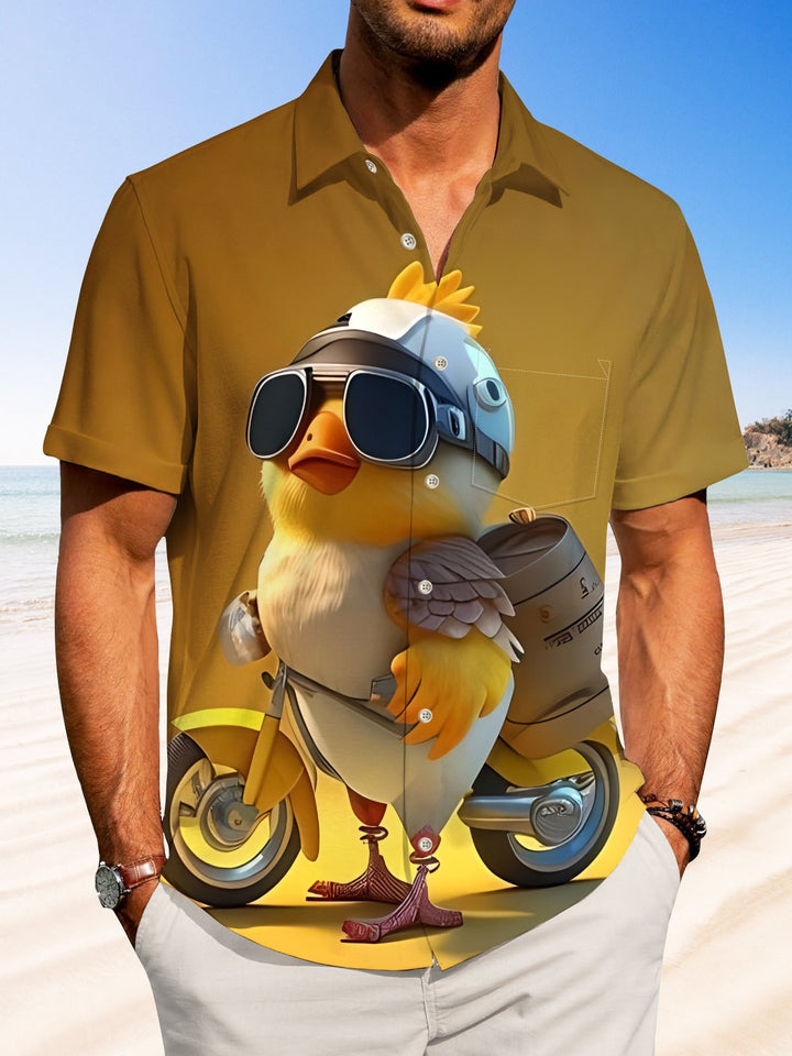 Alohadaddy Hawaiian Casual Cycling Chicken Print Art Button Cardigan Pocket Stretch Polyester Long Large Size Short Sleeve Shirt