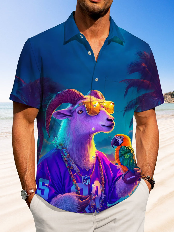Alohadaddy Hawaiian Goat Parrot Print Art Cardigan Button Pocket Stretch Long Oversized Short Sleeve Shirt