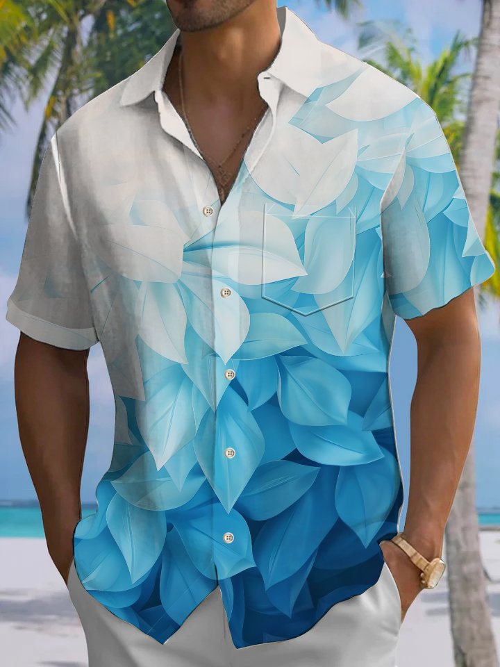 Alohadaddy Casual Collection Hawaii Vacation Leaves Gradient Color Print Art Button Cardigan Pockets Fresh Stretch Polyester Short Sleeve Shirt