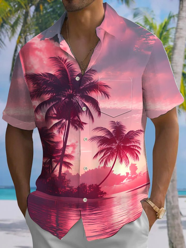 Alohadaddy Casual Everyday Palm Trees Beach Print Art Polyester Stretch Large Size Pocket Short Sleeve Shirt