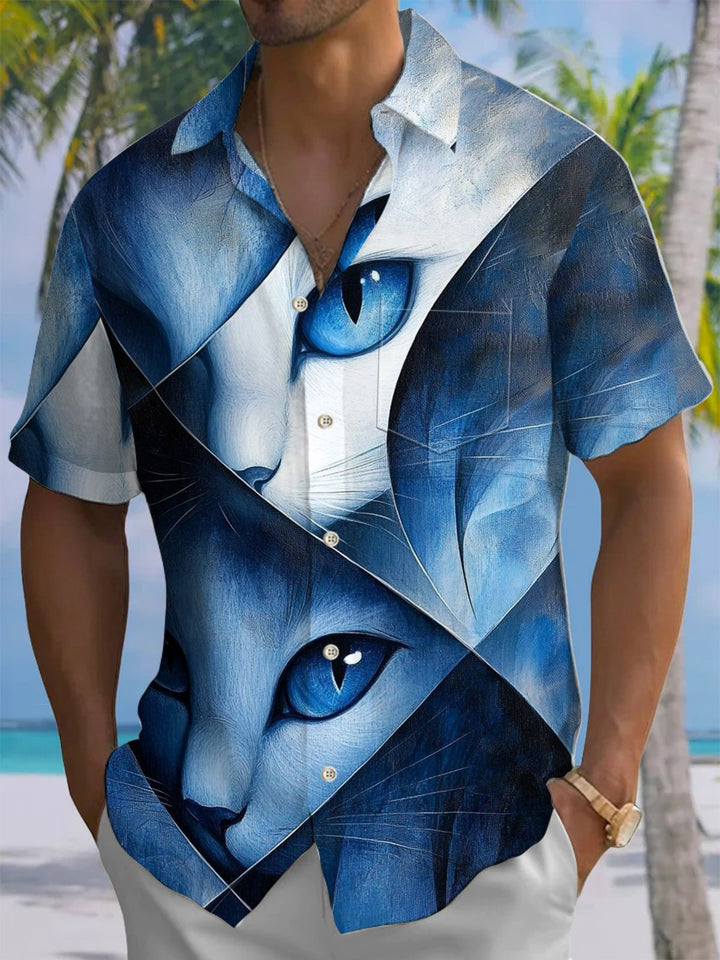 Alohadaddy® Vintage Cat Art Print Chest Pocket Mens Short Sleeve Shirt Big &amp; Tall