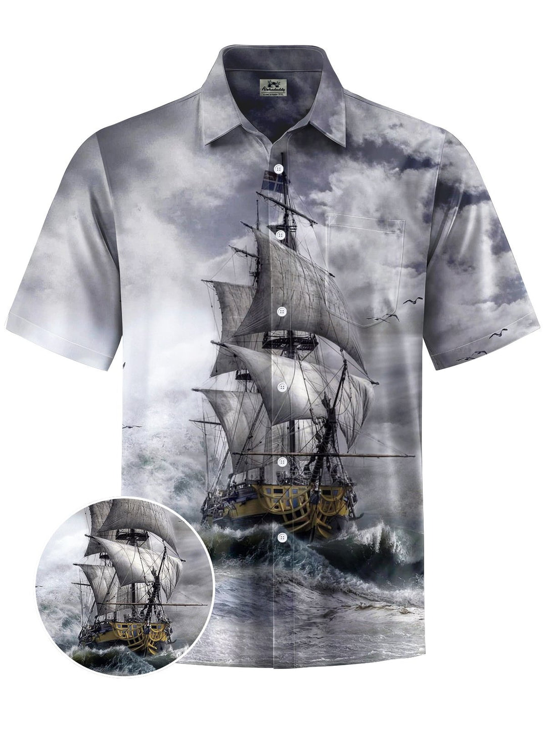 Alohadaddy® Casual Vintage Nautical Sailboat Print Art Chest Pocket Men&