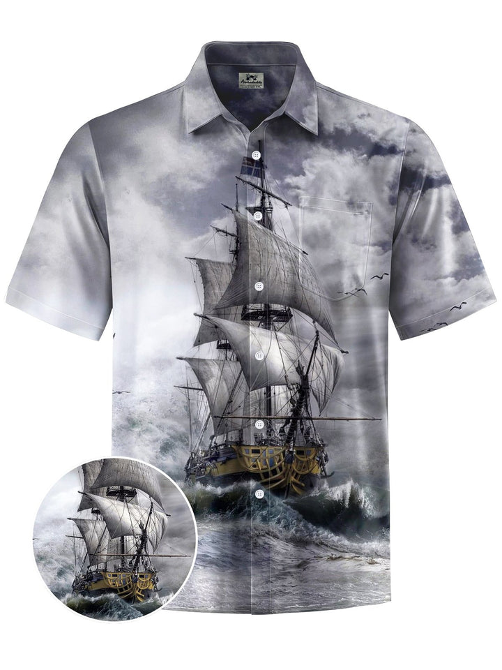 Alohadaddy® Casual Vintage Nautical Sailboat Print Art Chest Pocket Men&