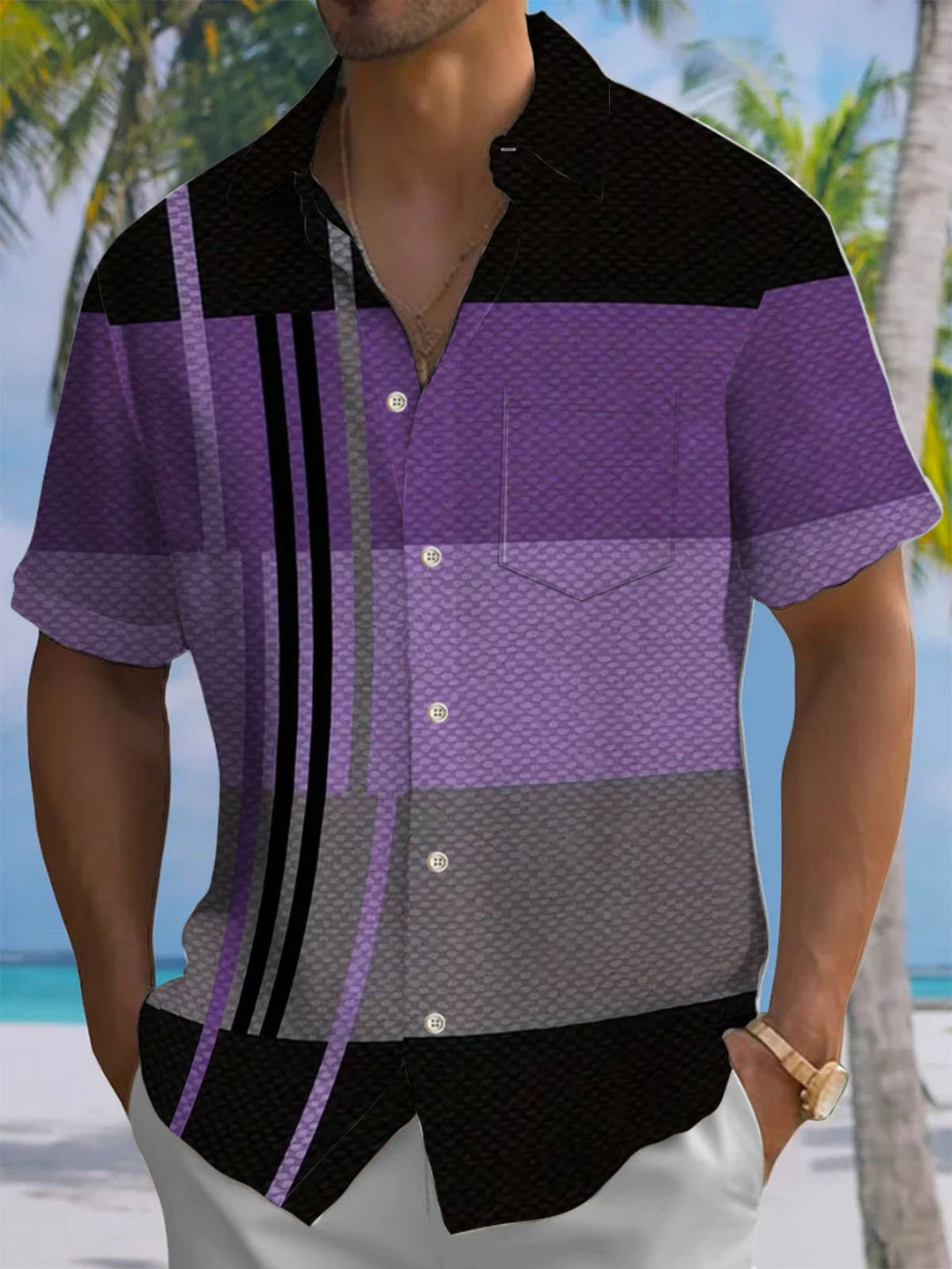 Alohadaddy® Casual Stripes Contrast Art Print Chest Pocket Men&