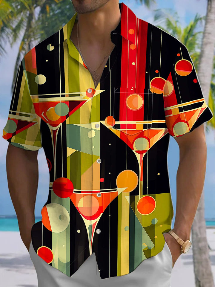 Alohadaddy® Vintage Cocktail Art Print Chest Pocket Moisture-Wicking Men&