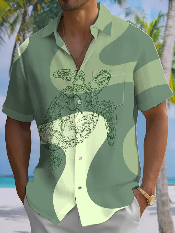Alohadaddy® Casual Geometric Turtle Print Chest Pocket Men&