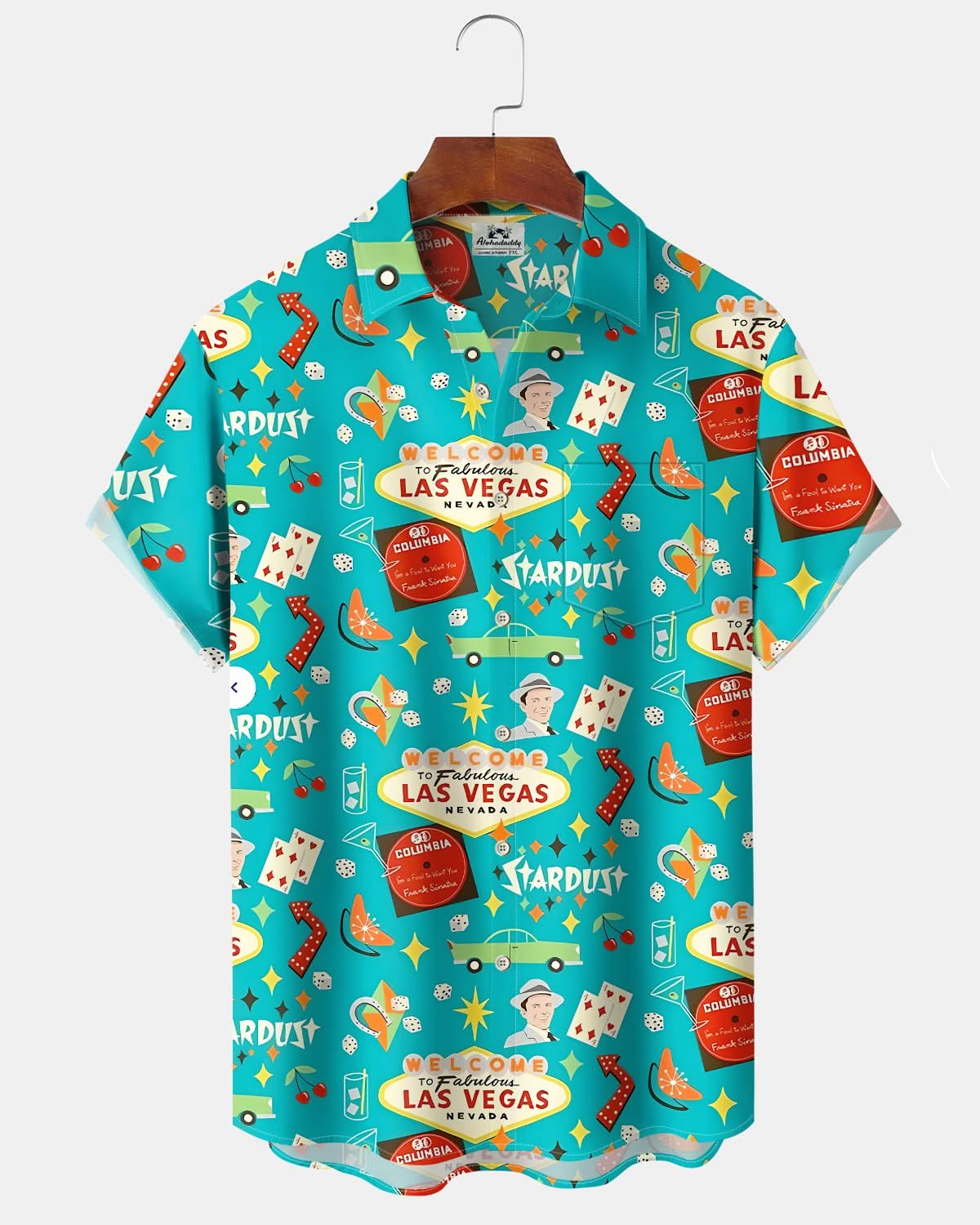 Alohadaddy® Retro Las Vegas Geometric Cartoon Print Art Pocket Button Men's Short Sleeve Shirt Big & Tall