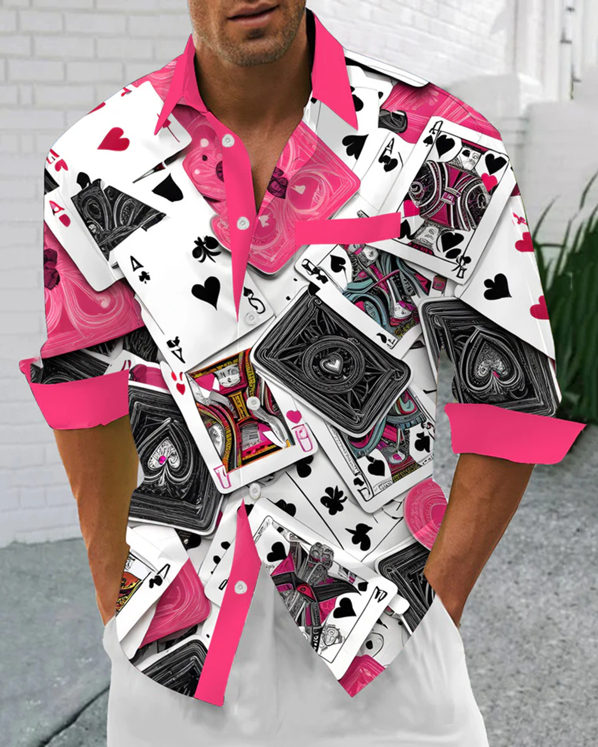 Alohadaddy® Hawaiian Poker Print Stretch Button Pocket Men's Long Sleeve Shirt Big & Tall