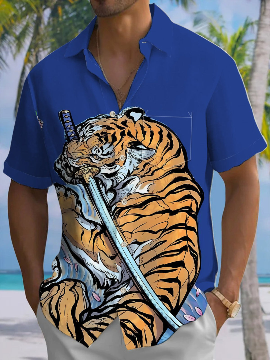Alohadaddy® Casual Tiger Print Art Chest Pocket Men&