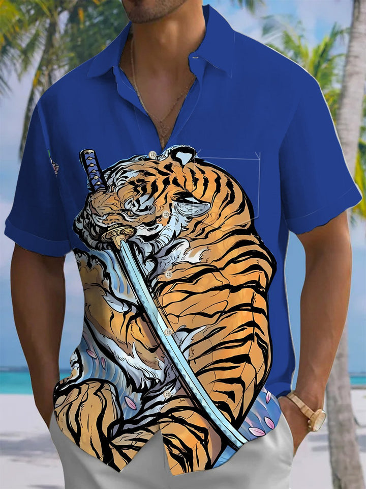 Alohadaddy® Casual Tiger Print Art Chest Pocket Men&