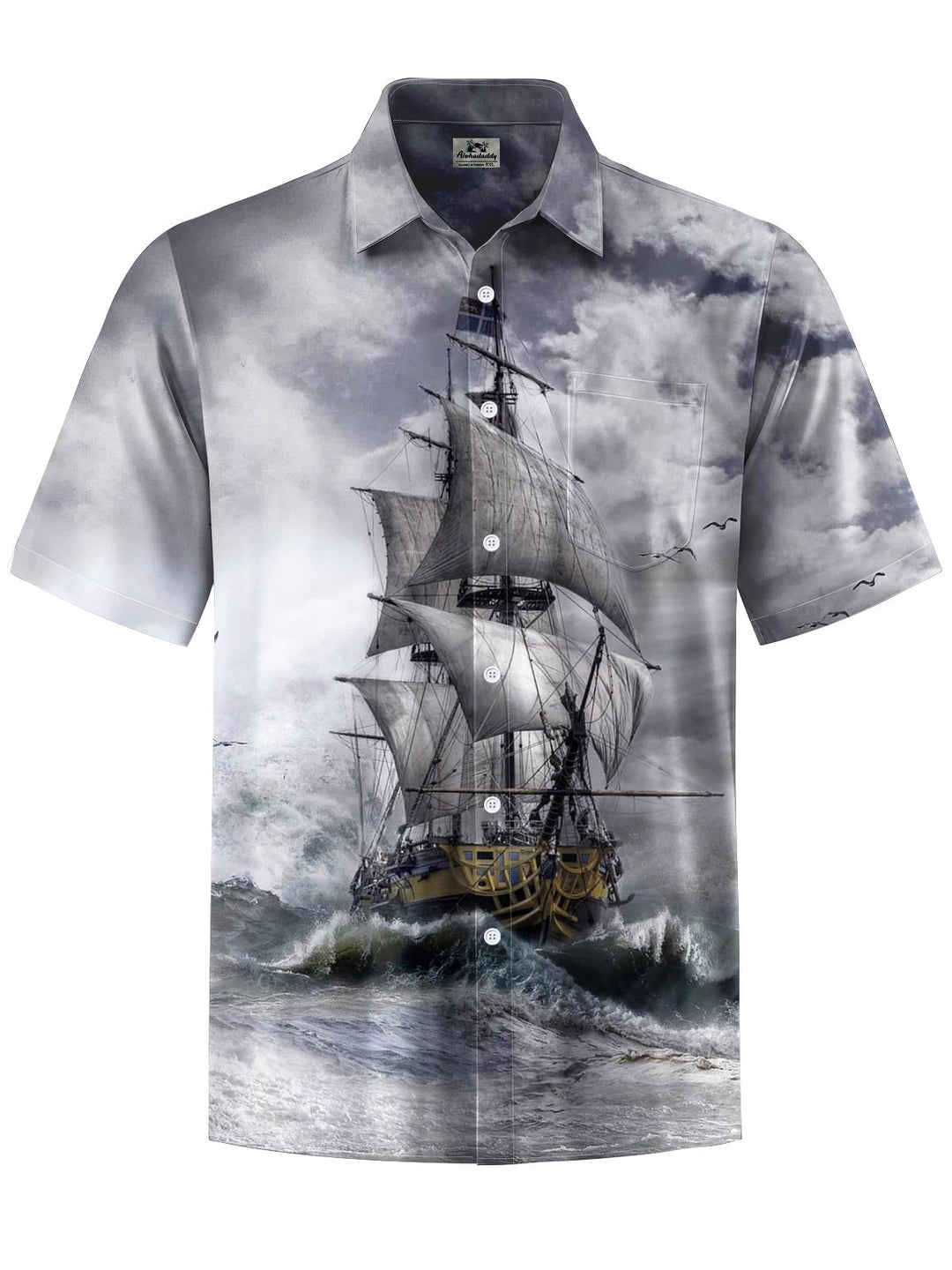 Alohadaddy® Casual Vintage Nautical Sailboat Print Art Chest Pocket Men&