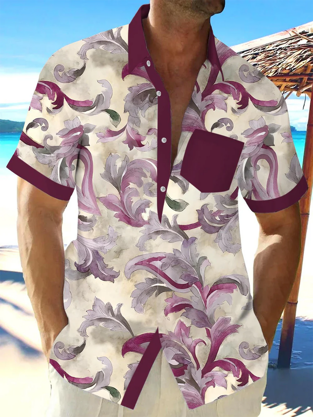Alohadaddy® Hawaiian Contrast Flora Art Print Chest Pocket Mens Short Sleeve Shirt Big &amp; Tall
