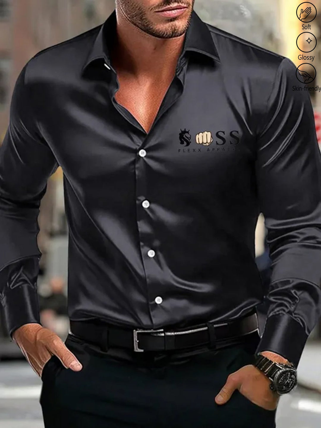 Alohadaddy® Casual Letter Logo Print Glossy Elastic Button Men&