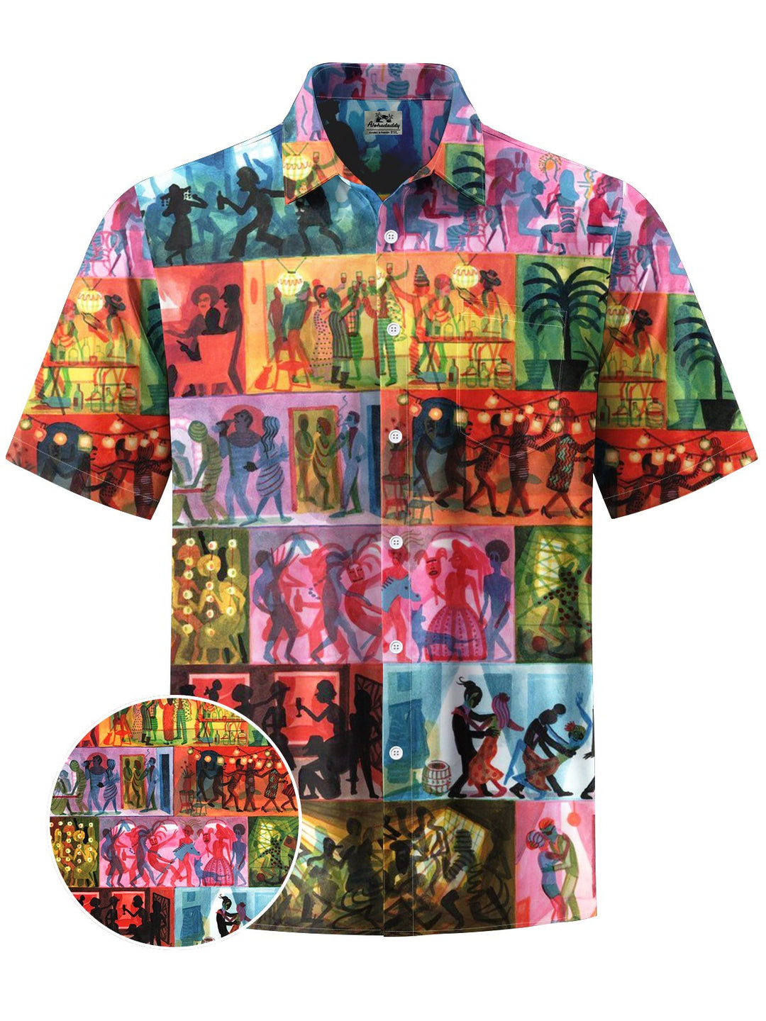 Alohadaddy® Vintage Party Carnival Print Art Chest Pocket Men Short Sleeve Shirt Big &amp; Tall