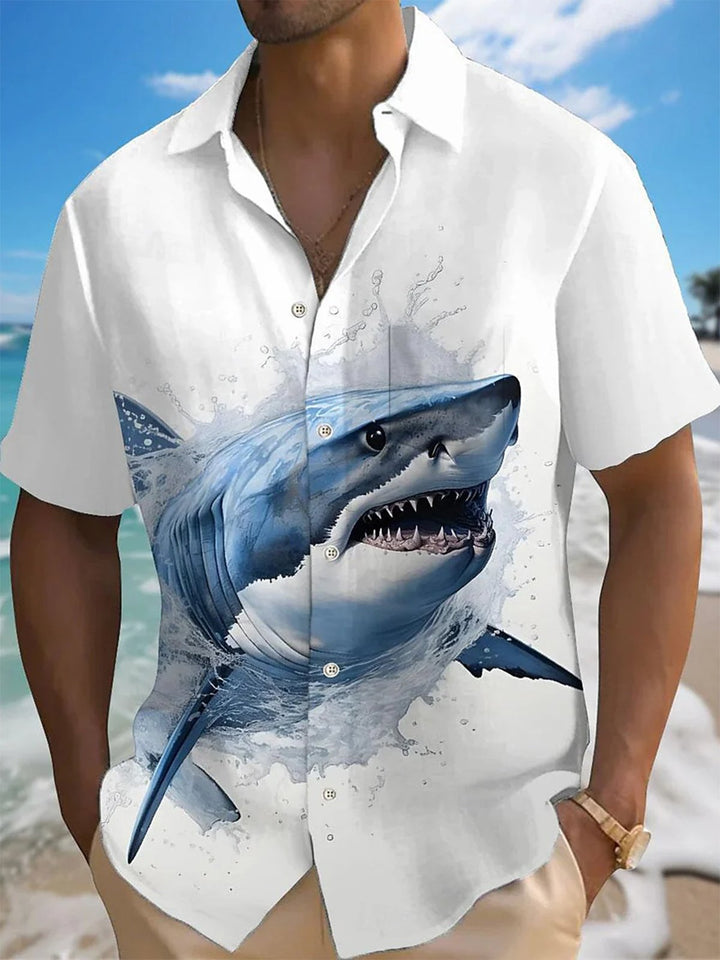 Alohadaddy® Hawaiian Shark Art Print Chest Pocket Mens Short Sleeve Shirt Big &amp; Tall