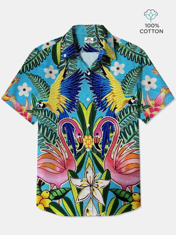Alohadaddy® Hawaiian Flamingo Art Print Chest Pocket Mens Cotton Short Sleeve Shirt Big &amp; Tall