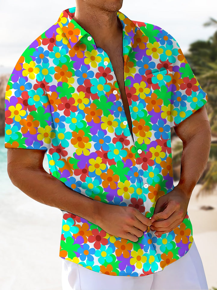 Alohadaddy® Casual Hawaiian Floral Art Print Chest Pocket Men&