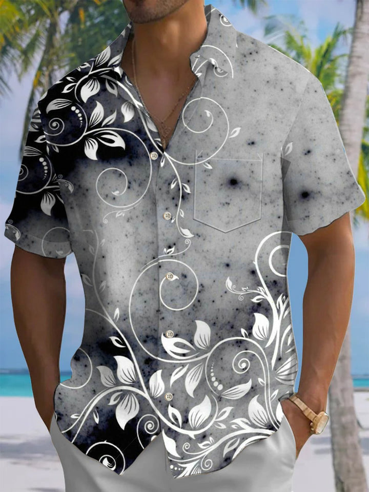 Alohadaddy® Vintage Leaf Art Print Chest Pocket Stretch Men&
