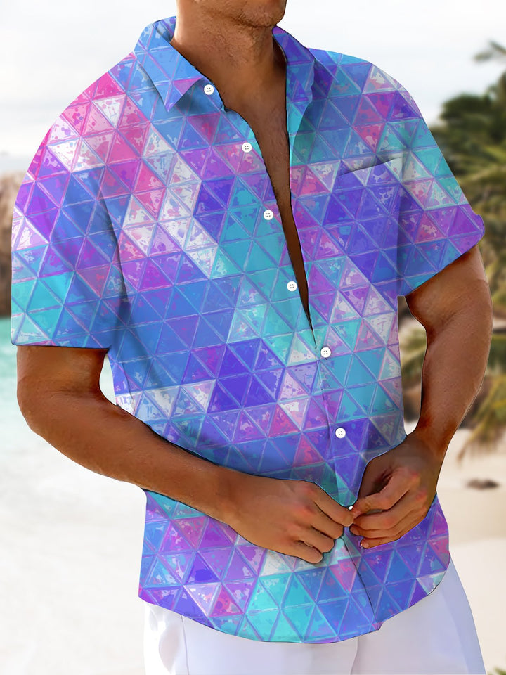 Alohadaddy® Hawaiian Geometric Triangle Art Print with Chest Pocket for Men&