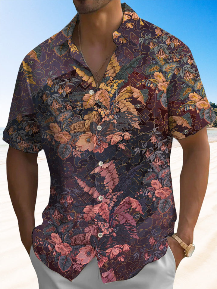 Alohadaddy® Vintage Leaf Art Print Chest Pocket Stretch Men&