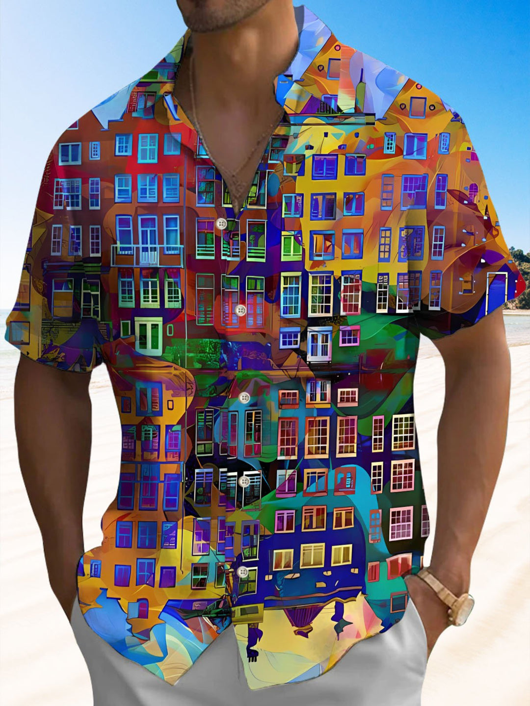 Alohadaddy® Retro Geometric Skyscraper Print Pocket Stretch Men&