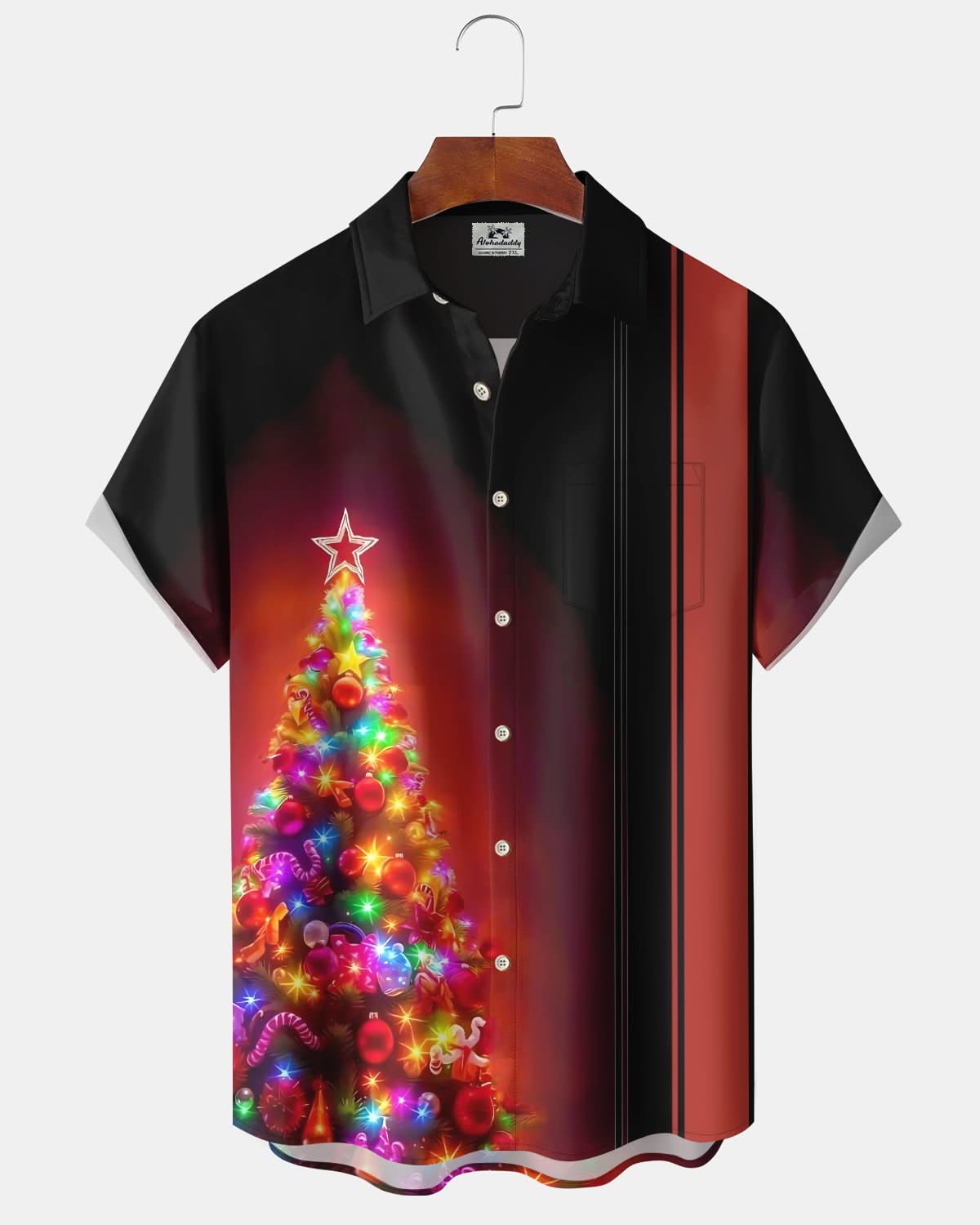 Alohadaddy® Christmas Tree Stripes Art Pocket Elastic Button Men's Short Sleeve Shirt Big & Tall